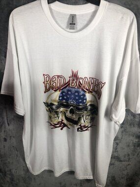 Men’s Skull  T-Shirt Bad To The Bone Shirt Size Adult 2X Large White